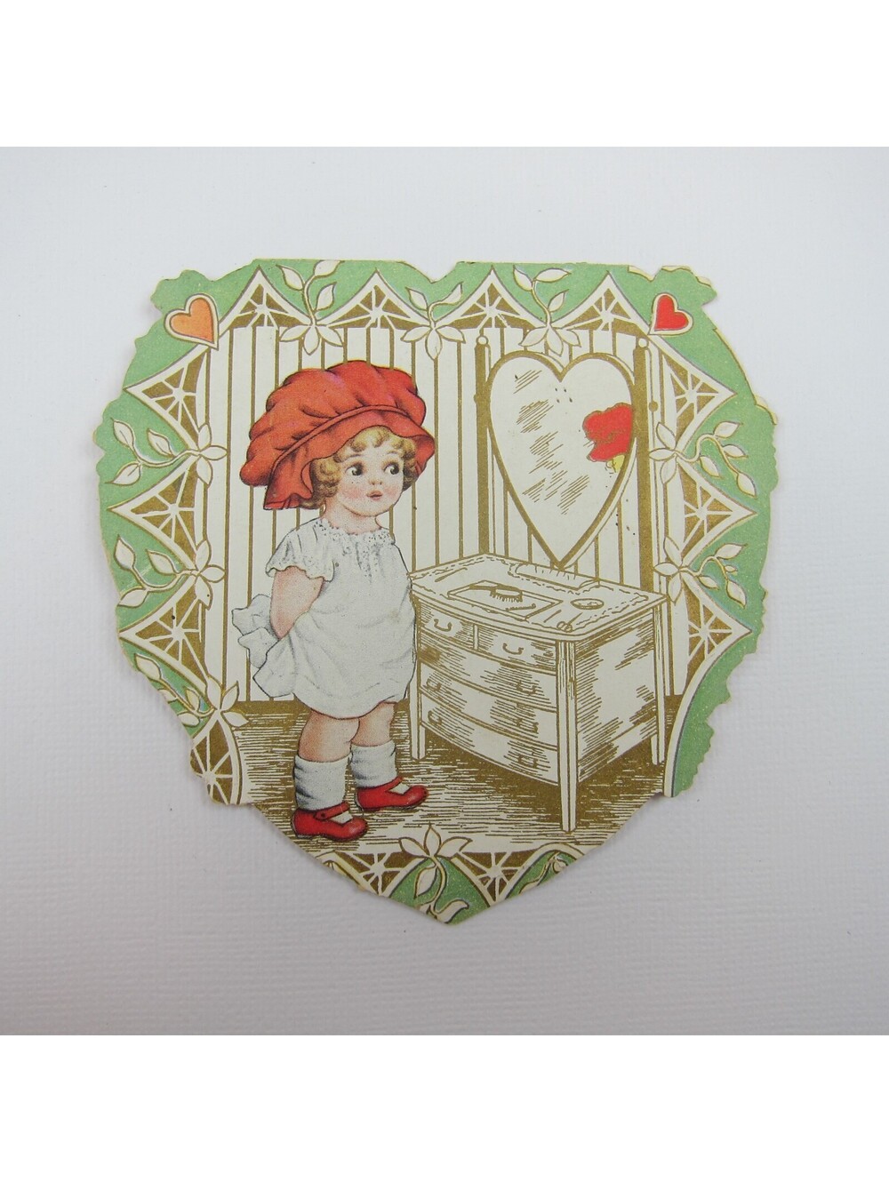 Valentine Card Girl Red Bonnet Dresser Mirror Green Gold Die cut Bifold Antique